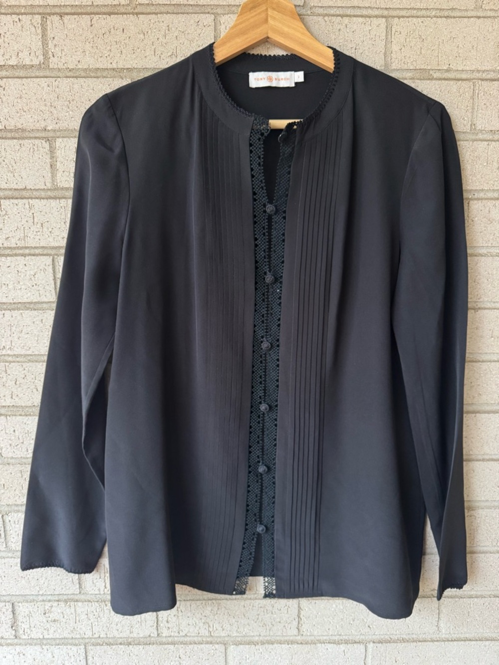 Tory Burch 100% Silk Pleated Blouse Black | Pintuck Button Front | Size 2